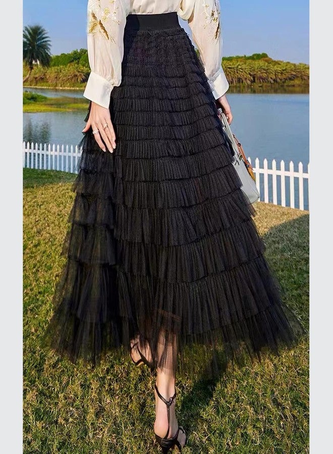 flygo تنورة تول طويلة ماكسي نسائية من فلايغو، بتصميم A-line، مزينة بكشكشة، بخصر عالٍ، متعددة الطبقات، مع تنورة داخلية من التول الشبكي (أسود - مقاس L) - Image 4